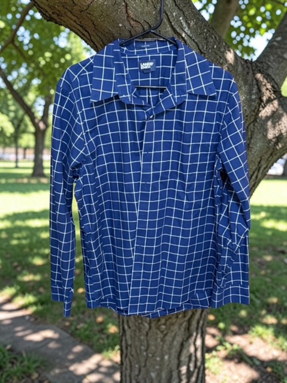Lands End Button Down Mens Lg Large Bright Blue Gingham Checkered Shirt